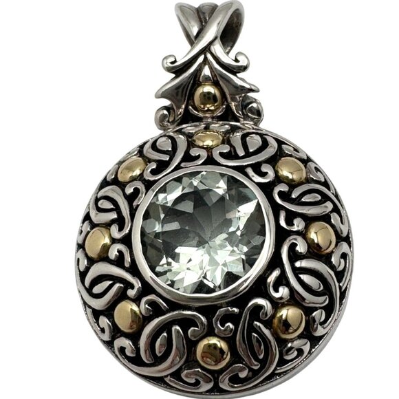 Bali Prasiolite Pendant Necklace Sterling Silver 18K Gold Scrollwork 16" - Picture 1 of 16